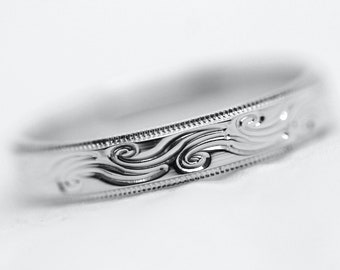 4mm 925 Silver Wedding Band for Men/Women, Wind Cloud Wave Ring, Personalized Engraving Men's Engagement Promise Ring