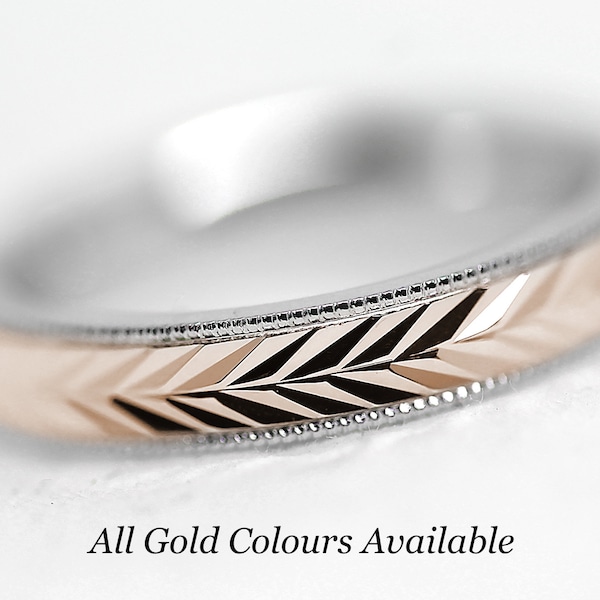 4mm 10K Solid Gold Wedding Band for Men and Women, Harvest Wheat Ring, Faceted Nature Inspired Matching Rings Anniversary Gift