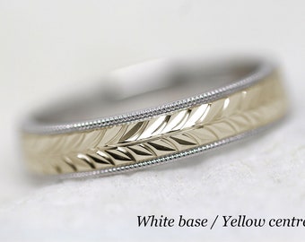 5 mm Gold Leaf Wedding Ring with Filigree edge for Men and Women, Two tone Solid Gold in 10k 14k 18k Leafy Gold Ring Wheat Gold Wedding Band