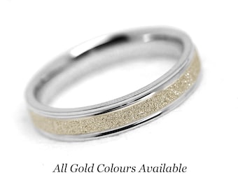4mm 10k Gold Wedding Band for Women and Men, Sparkly Diamond Dust Ring Solid TwoTone Gold Anniversary Ring Gift, Classic 10k 14k 18k