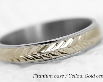 5mm Titanium + 10k Gold / Silver Mens Wedding Band Women, Wheat Wedding Nature Ring, Two tone gold Mens Engagement Promise Ring Anniversary