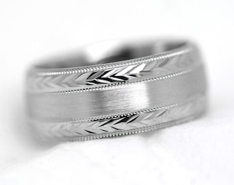 8mm Wheat Inspired Wedding Band in 925 Sterling Silver, Unique Filigree Ring for Men Engraved Ring Matching Rings Solid Silver Ring 0013