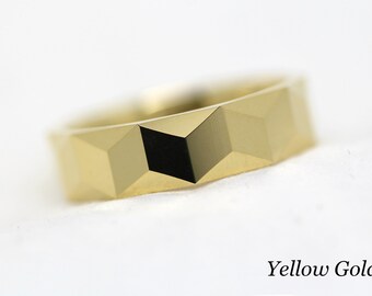 6mm 10k Solid Gold Wedding Band for Men and Women •  Reflective Faceted Mirrored Engineered Wedding Ring