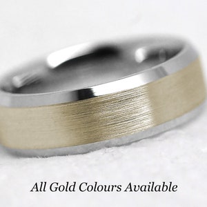 10K Men&#39;s Wedding Band 6MM | Solid Gold Beveled Wedding Ring | 10K Comfort Fit | Brush Matte Satin | Two Tone Gold Ring | Classic Mens Ring
