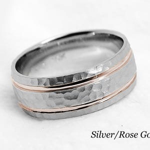 8mm Hammered Wedding Band for Men and Women, 925 Sterling Silver and Solid 10K Gold, Two Tone Mixed Metal Anniversary Ring