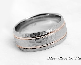 8mm Hammered Wedding Band for Men and Women, 925 Sterling Silver and Solid 10K Gold, Two Tone Mixed Metal Anniversary Ring