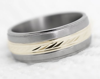 8 mm Titanium 10K Gold Mens Wedding Band, Engagement Ring Anniversary Gift, Two Tone Ring, Titanium + 10k Gold or 925 Silver