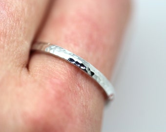 2mm Solid Argentium Silver Wedding Band Women Polished Hammered Stacking Ring, Custom Engraved Anniversary Promise Ring