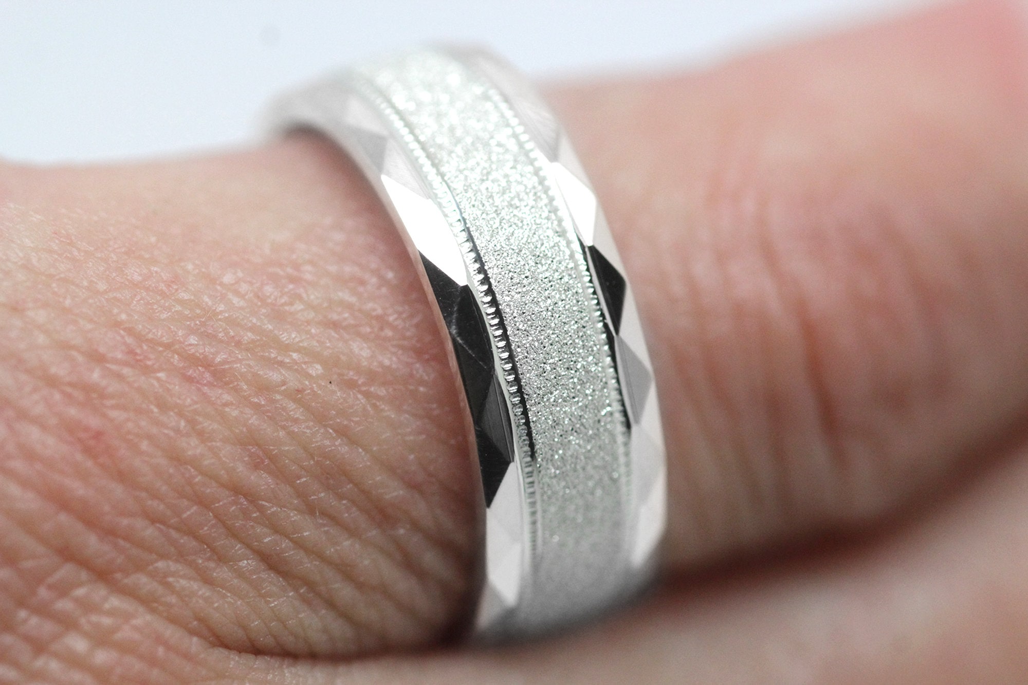 6mm 925 Sterling Silver Wedding Geometric Band Men Women, Faceted Wedding Ring, Diamond cut, Polished Band, Brushed Band, Stone finish, 0021