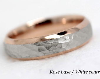 5 mm Hammered Wedding Ring for Men & Women, Beveled Two tone Gold Wedding Band, Matching Engraved Ring Solid 10k 14k 18k Gold