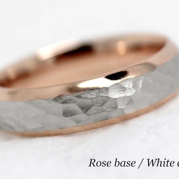 5 mm Hammered Wedding Ring for Men & Women, Beveled Two tone Gold Wedding Band, Matching Engraved Ring Solid 10k 14k 18k Gold
