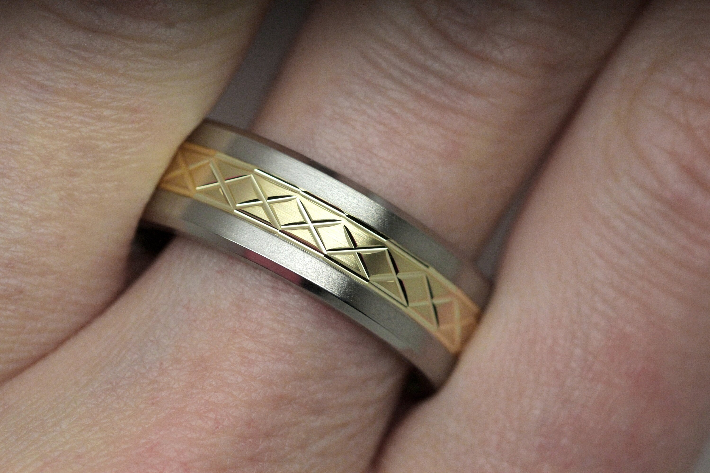 8mm Titanium + 10K Gold Mens Wedding Band • 925 Silver Beveled Mens Jewelry Wedding Ring Two Tone Ring