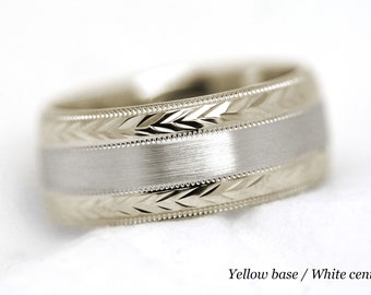 8 mm Solid Gold Wheat Wedding Band for Men, 10k 14k 18k Flat Gold Matching Wedding Rings for Couples Engraved Nature inspired, 0013