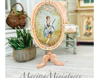 Pale Coral Maiden Oil Painted Firescreen/Fixed Tilt Table ~ 1:12 Dollhouse Scale