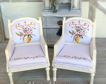 White Bergere Painted Silk Chairs (Sold Separately) ~ 1:12 Dollhouse Scale