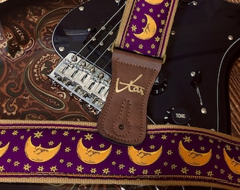 Handmade Psychedelic Midnight Purple Moon Starry Retro Guitar Strap by VTAR Made with Vegan Brown Leather For Acoustic, Bass and Electric