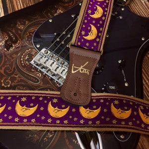 Handmade Psychedelic Midnight Purple Moon Starry Retro Guitar Strap by VTAR Made with Vegan Brown Leather For Acoustic, Bass and Electric