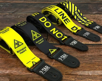 Handmade Vegan Punk Guitar Strap by VTAR Black and Yellow (Police Line, Danger, Hazard) Electric, Acoustic, Bass