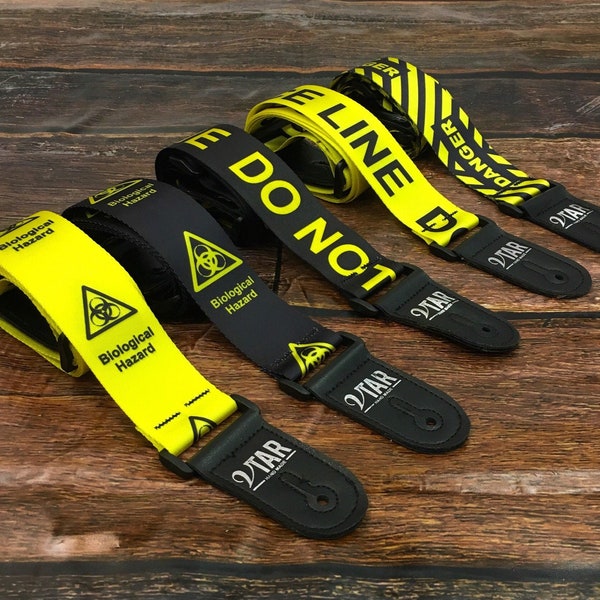Handmade Vegan Punk Guitar Strap by VTAR Black and Yellow (Police Line, Danger, Hazard) Electric, Acoustic, Bass