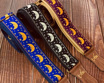 Handmade Midnight Moon and Star Zodiac Retro Guitar Strap by VTAR Made with Vegan Leather For Acoustic, Bass and Electric