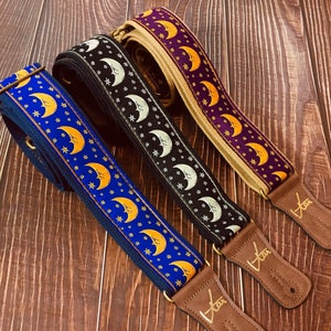 Handmade Midnight Moon and Star Zodiac Retro Guitar Strap by VTAR Made with Vegan Leather For Acoustic, Bass and Electric