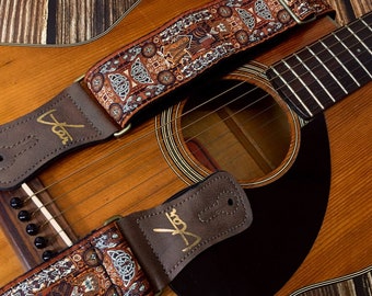 Handmade Irish Celtic Book Of Kells Brown Hemp Guitar Strap by VTAR, Made with Brown Vegan Leather & Brass Acoustic, Bass and Electric