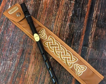 Black Tin Whistle in key of D by Feadog with Handmade Irish Whistle Case / Sleeve by Dannan in Brown Vegan Leather with Celtic Embroidery