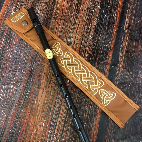 Black Tin Whistle in key of D by Feadog with Handmade Irish Whistle Case / Sleeve by Dannan in Brown Vegan Leather with Celtic Embroidery