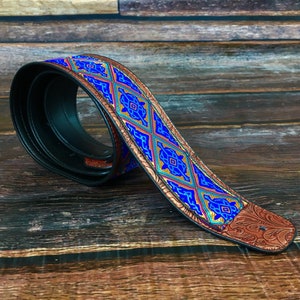 Handmade Blue and Gold Aztec Psychedelic 60's 70's Jacquard Guitar Strap by VTAR, Made with Vegan Leather. For Acoustic, Bass and Electric image 2