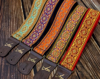 Handmade Psychedelic 60's 70's Magic Carpet Jacquard Guitar Strap by VTAR, Made with Vegan Leather. For Acoustic, Bass and Electric