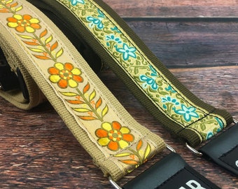 Handmade 60's Hendrix Style Floral Hippie  Hemp Guitar Strap by VTAR, Made with Vegan Leather. For Acoustic, Bass and Electric