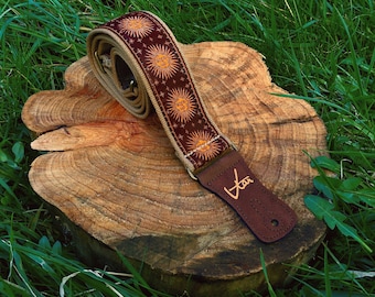 Handmade Brown Psychedelic Sun King Starry Retro Guitar Strap by VTAR Made with Vegan Leather For Acoustic, Bass and Electric