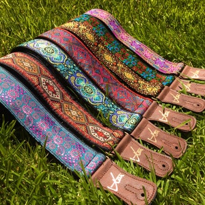 Handmade Colourful Psychedelic Hemp Guitar - Bass Strap with Brass Details and Brown Vegan Leather by VTAR 60s 70s Style