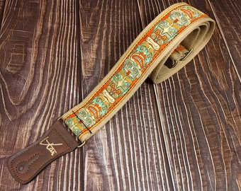 Handmade Beige Totem Pole 60’s 70’s Indigenous Inspired Retro Guitar Strap by VTAR, Made with Vegan Leather. For Acoustic, Bass and Electric