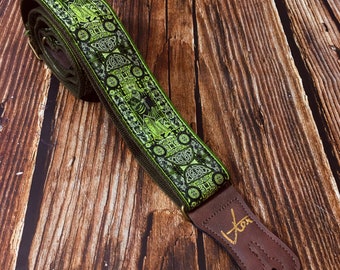 Handmade Irish Celtic Book Of Kells Green Hemp Guitar Strap by VTAR, Made with Brown Vegan Leather & Brass Acoustic, Bass and Electric