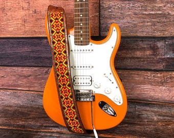 Handmade Reggae Aztec Psychedelic 60's 70's  Aztec Guitar Strap by VTAR, Made with Vegan Leather. For Acoustic, Bass and Electric