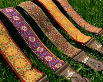 Handmade Floral Psychedelic Hemp Guitar Strap with Brass Details and Brown Vegan Leather by VTAR