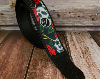 Handmade  Padded Skull And Rose Guitar Strap by VTAR, Made with Vegan Leather For Acoustic, Bass and Electric