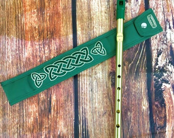 Green Tin Whistle in key of C by Feadog with Handmade Irish Whistle Case / Sleeve by Dannan in Green Vegan Leather with Celtic Embroidery