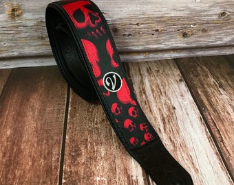 Handmade  Padded Red Skull Print Guitar Strap by VTAR, Made with Vegan Leather For Acoustic, Bass and Electric