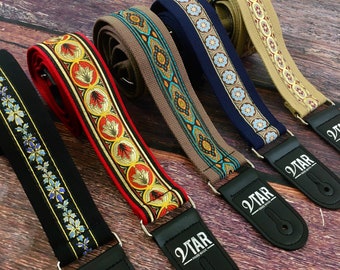 Handmade Bohemian Folk Floral 60's 70's Inspired Guitar Strap by VTAR, Made with Vegan Leather. For Acoustic, Bass and Electric