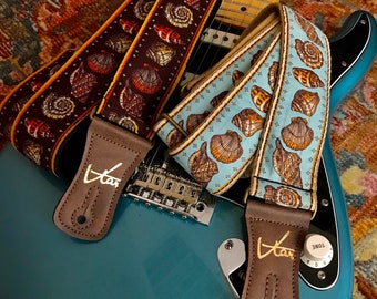 Handmade Vtar Seashell Guitar Strap - Available in Blue or Brown. Made with Vegan Leather. For Acoustic, Bass and Electric.