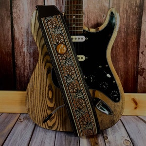 Handmade Crossroads 60’s 70’s Guitar Strap by VTAR, Made with Vegan Leather For Acoustic, Bass and Electric - Gold Dust