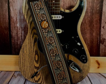 Handmade Crossroads 60’s 70’s Guitar Strap by VTAR, Made with Vegan Leather For Acoustic, Bass and Electric - Gold Dust