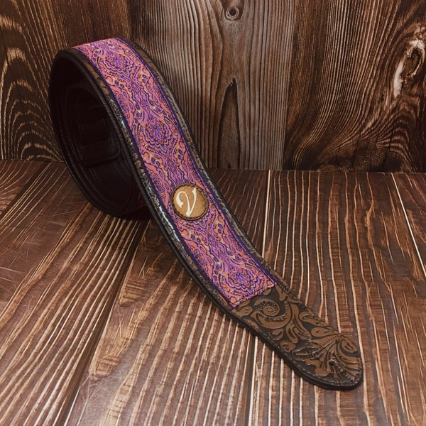 Handmade Retro 60's 70's Luxury Jacquard Guitar Strap by VTAR, Made with Vegan Leather For Acoustic, Bass and Electric - in Purple Rain