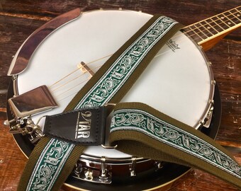 Handmade Irish Celtic Hemp Banjo Strap by VTAR, Made with Vegan Leather. Faux Leather Ends (Green Hemp)