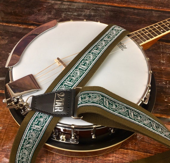 Handmade Irish Celtic Hemp Banjo Strap by VTAR, Made with Vegan Leather.  Faux Leather Ends (Green Hemp)