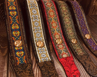 Handmade 60's 70's Inspired Guitar Strap by VTAR, The Baroque Collection Made with Vegan Leather. For Acoustic, Bass and Electric