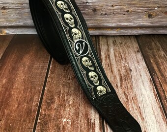 Handmade Padded Metal Black Skull Guitar Strap by VTAR, with Vegan Leather For Acoustic, Bass and Electric