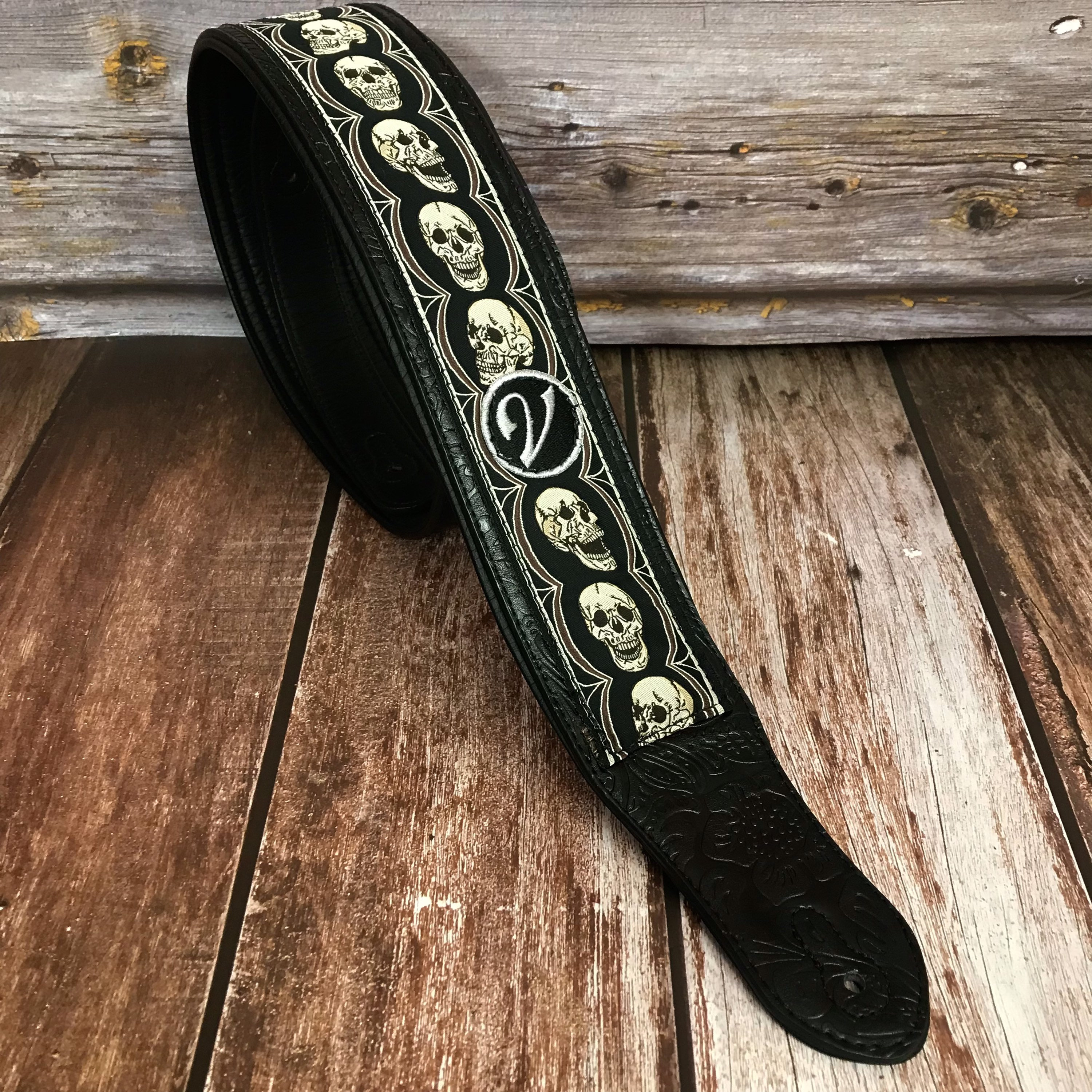 Handmade Padded Metal Black Skull Guitar Strap by VTAR With Vegan